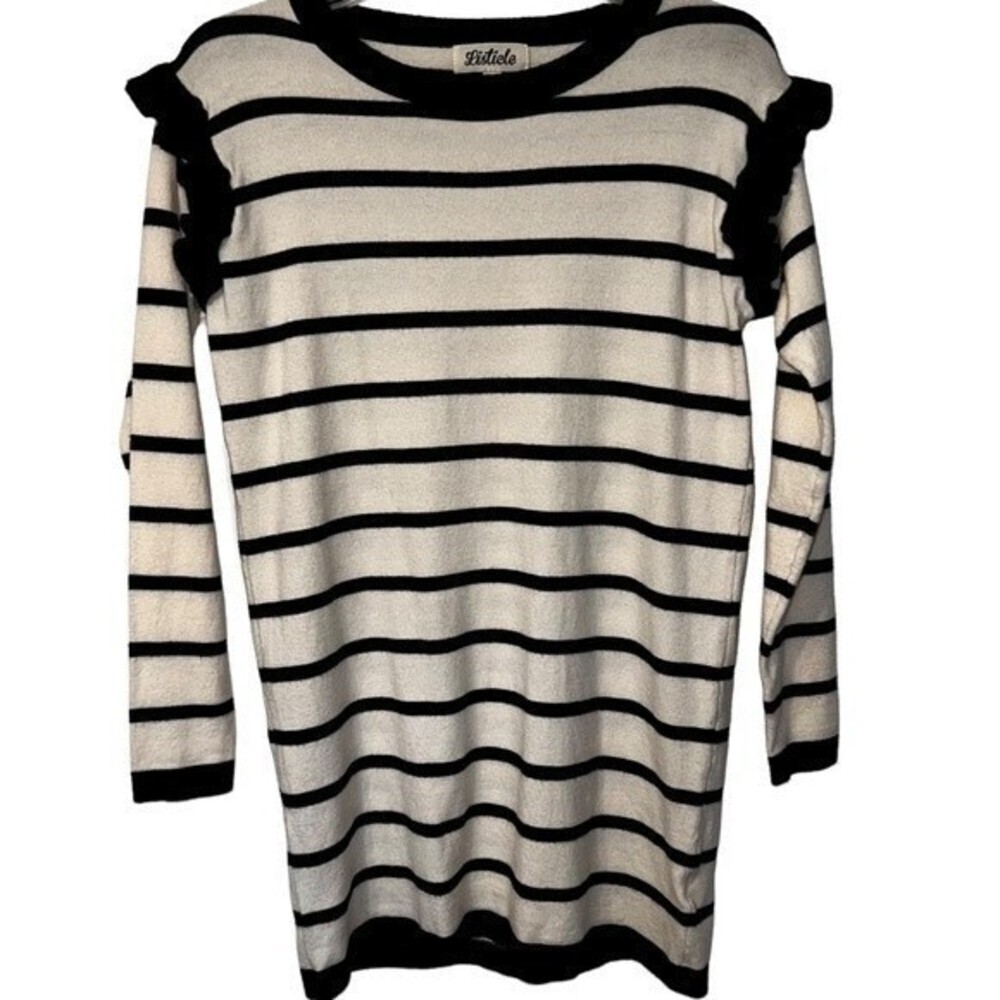 Listicle Cream and Black Striped Ruffle Shoulder Polished Chic Preppy Sweater S